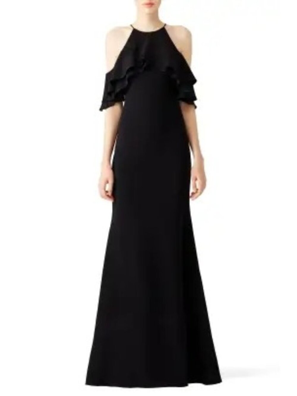 R-30. Badgley Mischka Black Crossover Ruffle Gown